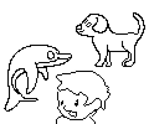a line drawing of pixel art showing a dolphin, a dog and a person.